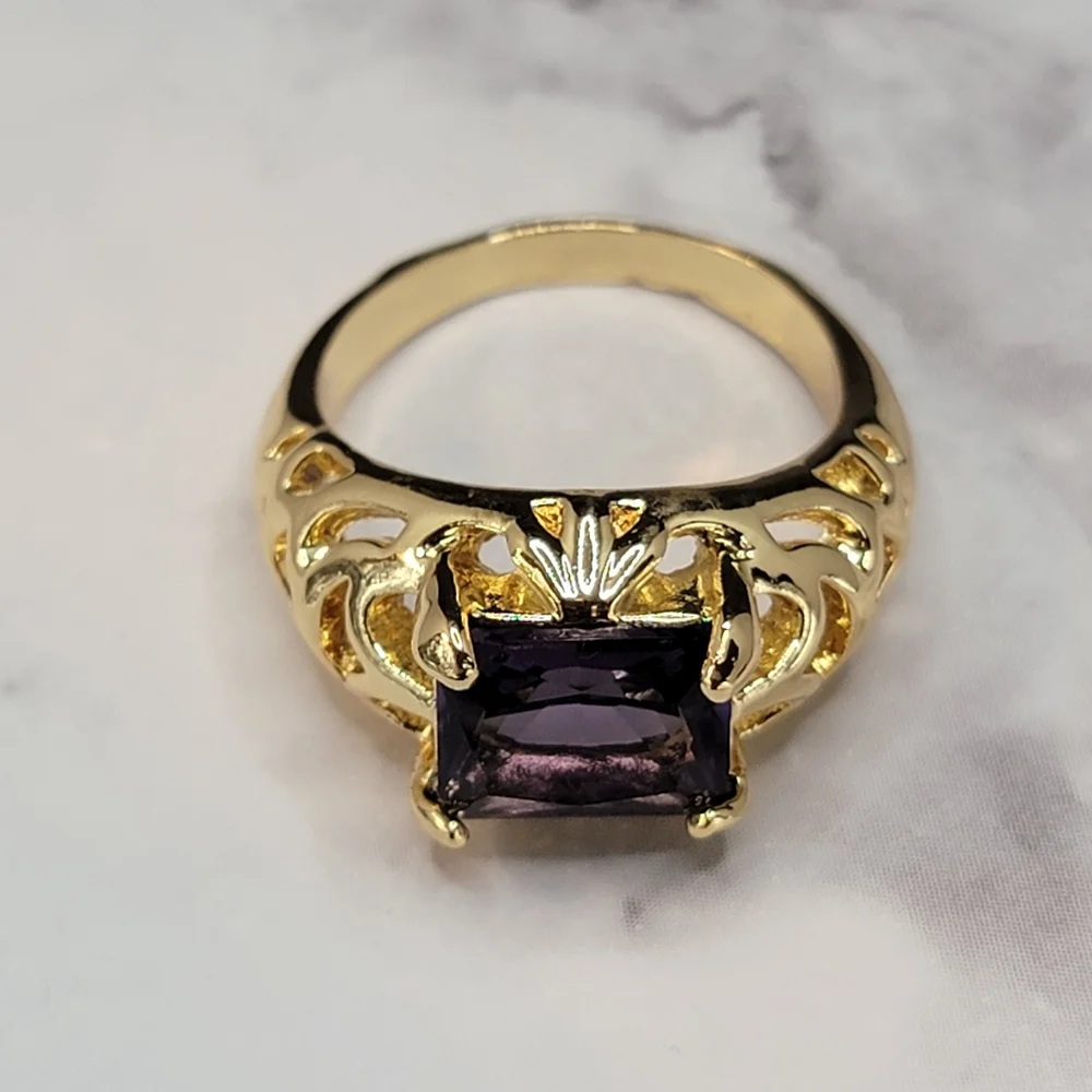 Gold Plated Simulated Amethyst Filigree Ring